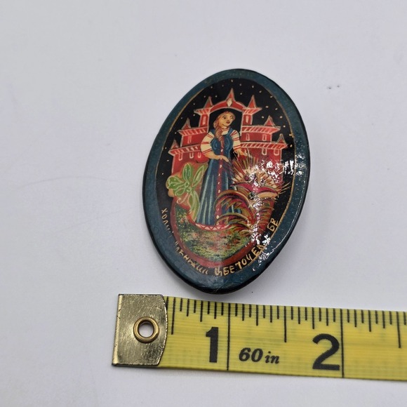Hand-Painted Russian Lacquer Brooch Oval Folk Art Woman Castle Dragon Vintage - Picture 2 of 10